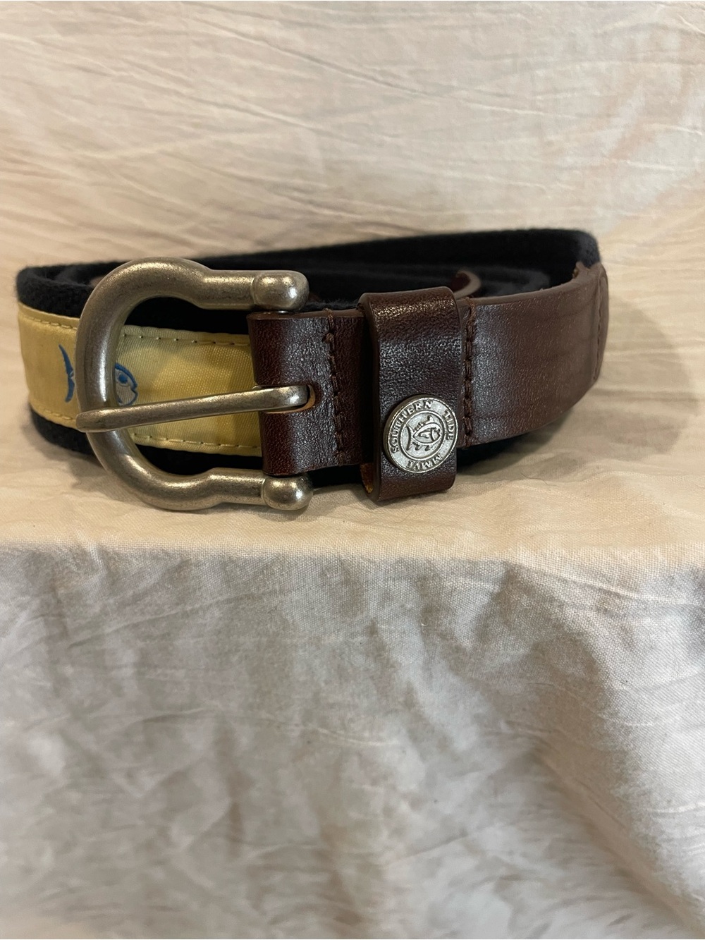 Southern Tide Skipjack Leather Canvas Belt Brown Yellow Blue Fish 48”